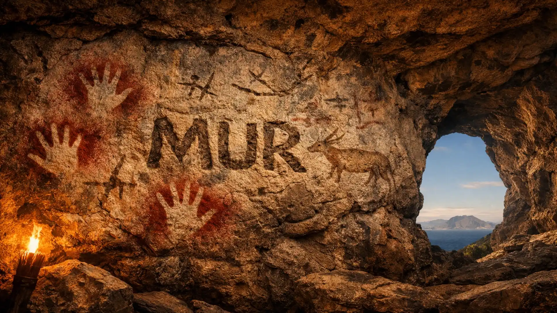 Cueva paleolítica en el sur de España con manos en negativo, arte rupestre y el Estrecho de Gibraltar al fondo