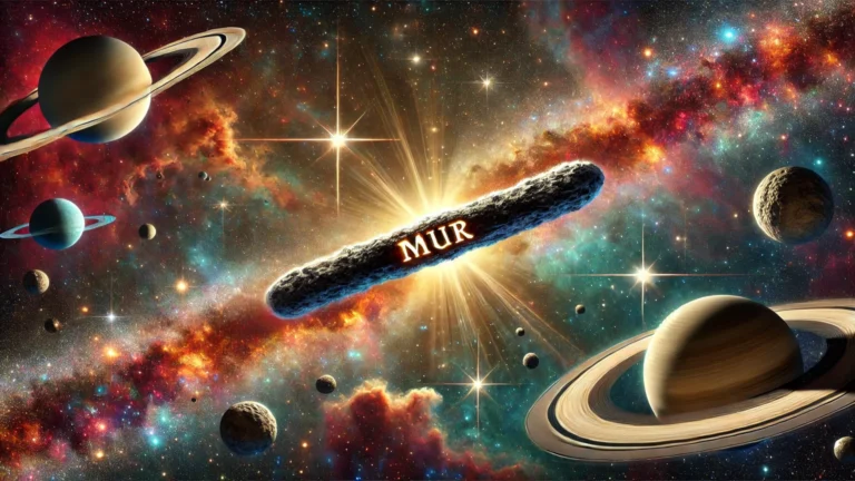 ʻOumuamua viajando por la galaxia con la palabra MUR en su superficie.