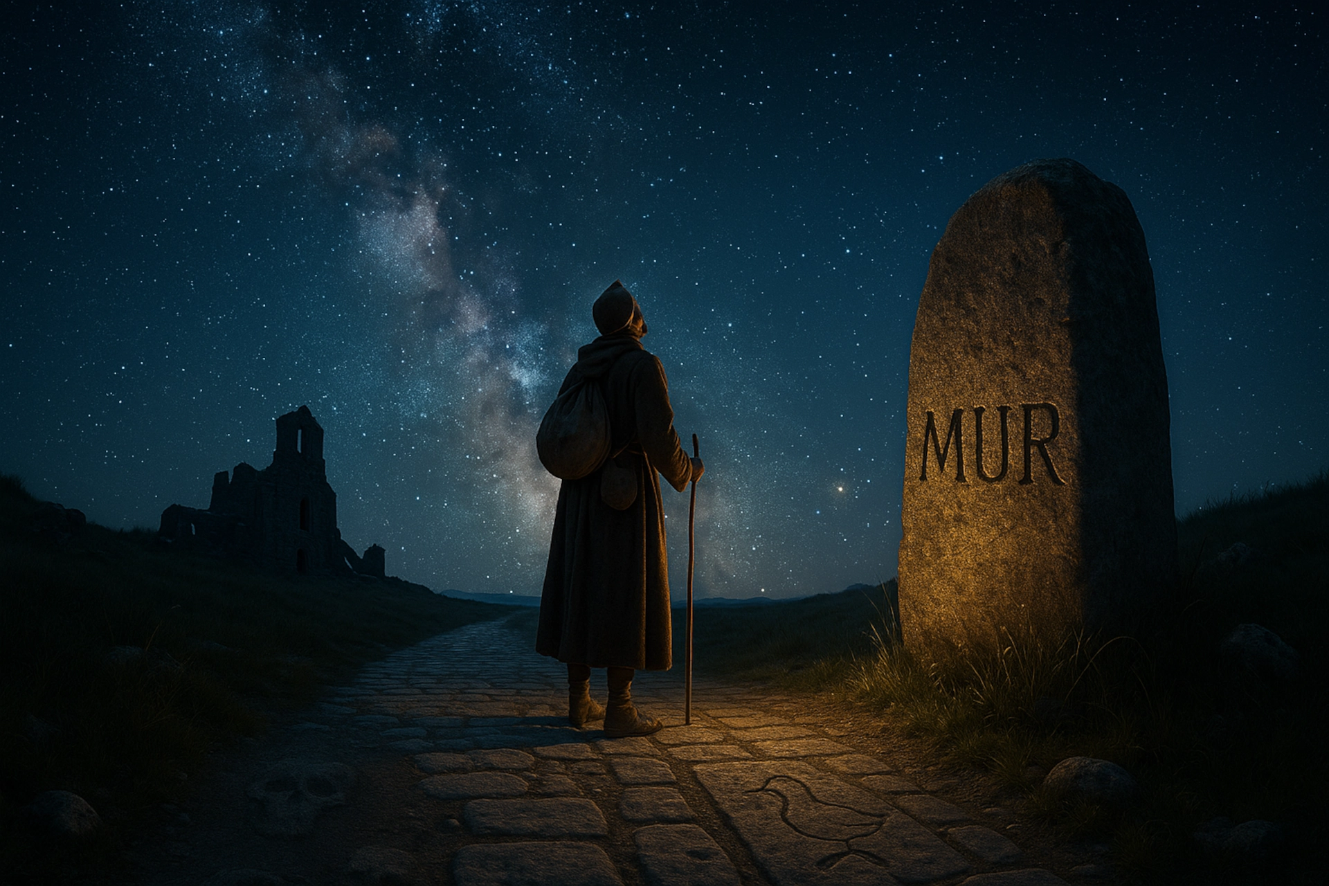 Peregrino medieval en El Camino de las Estrellas y el Camino de Santiago, mirando la Vía Láctea junto a un monolito de piedra con la palabra MUR y símbolos del Juego de la Oca