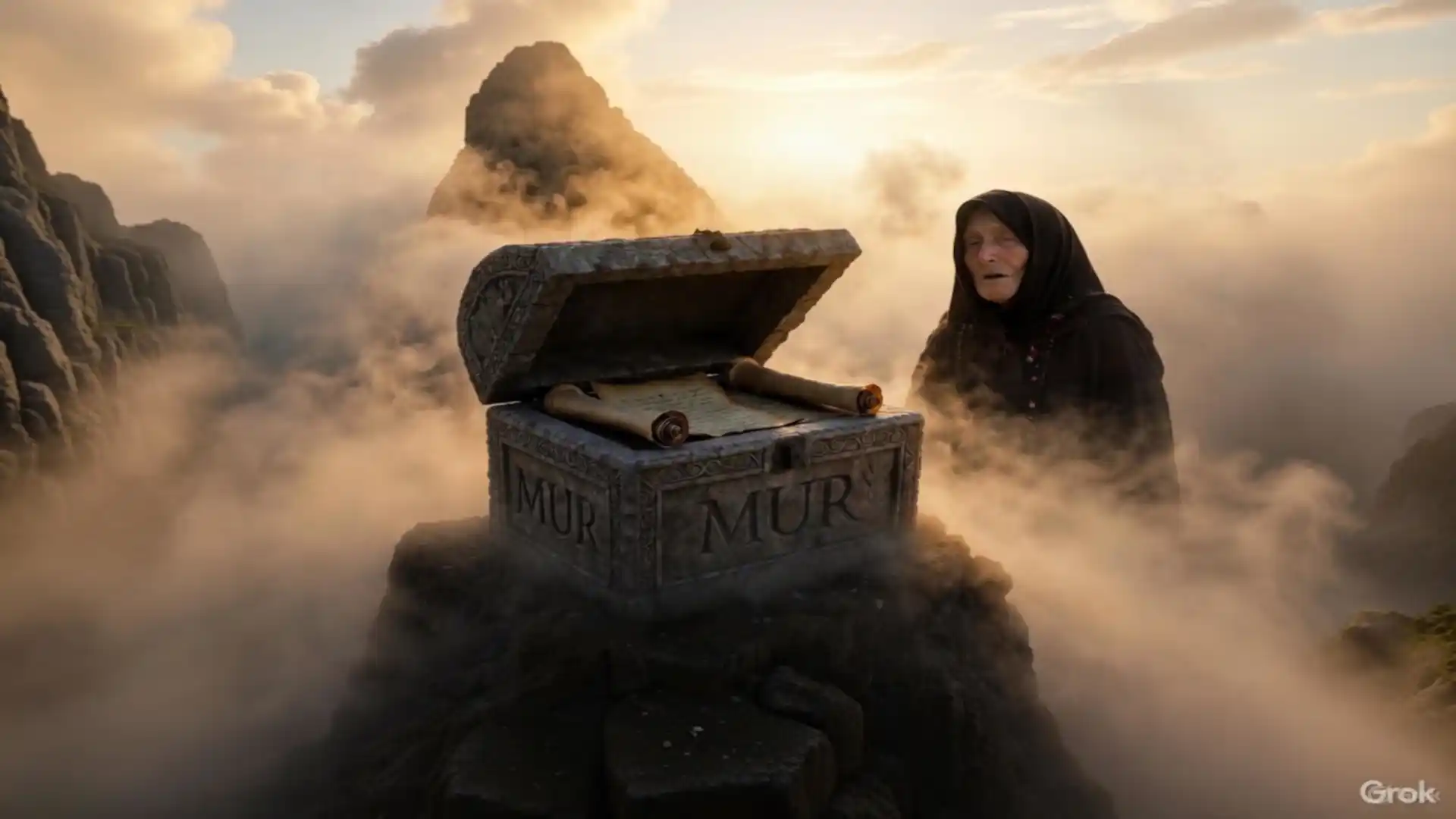 Profecía del tesoro de Baba Vanga representada como un cofre misterioso junto a la vidente búlgara