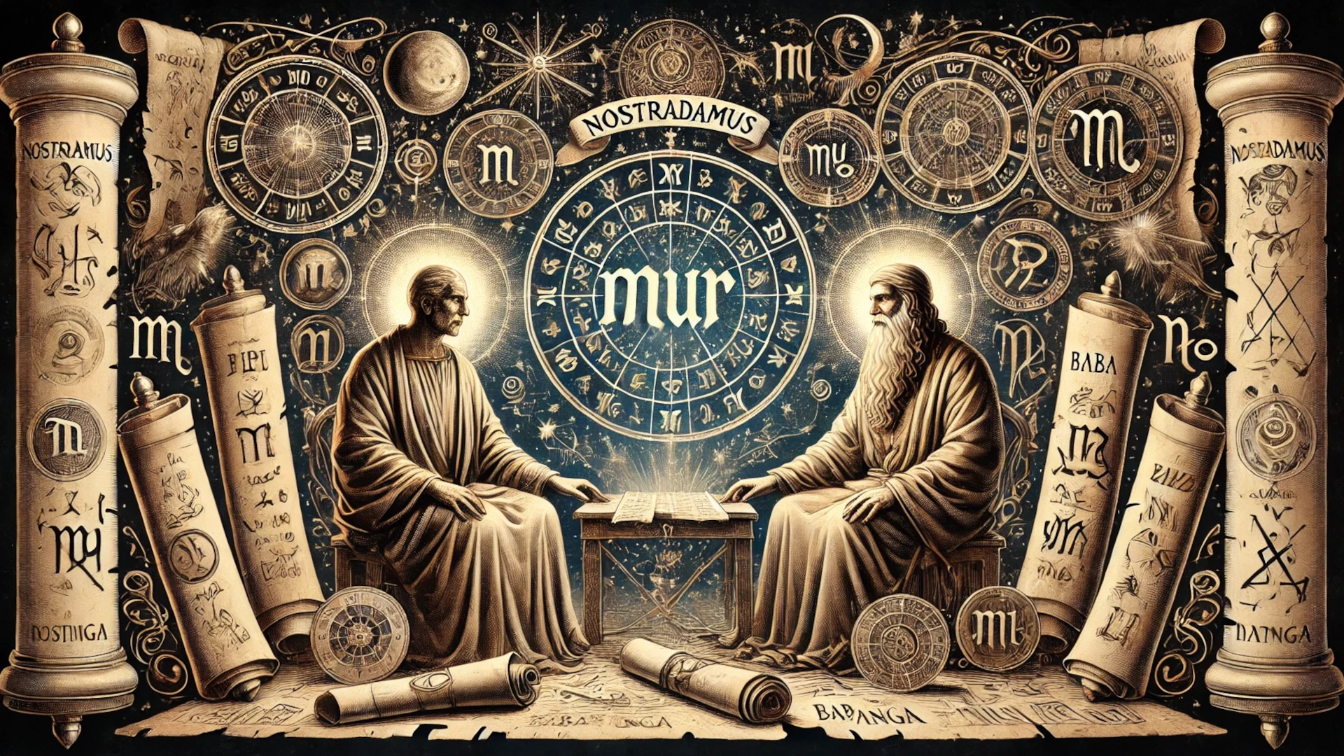 Profecías 2019 representadas por Nostradamus y Baba Vanga con la palabra MUR en un entorno astrológico.