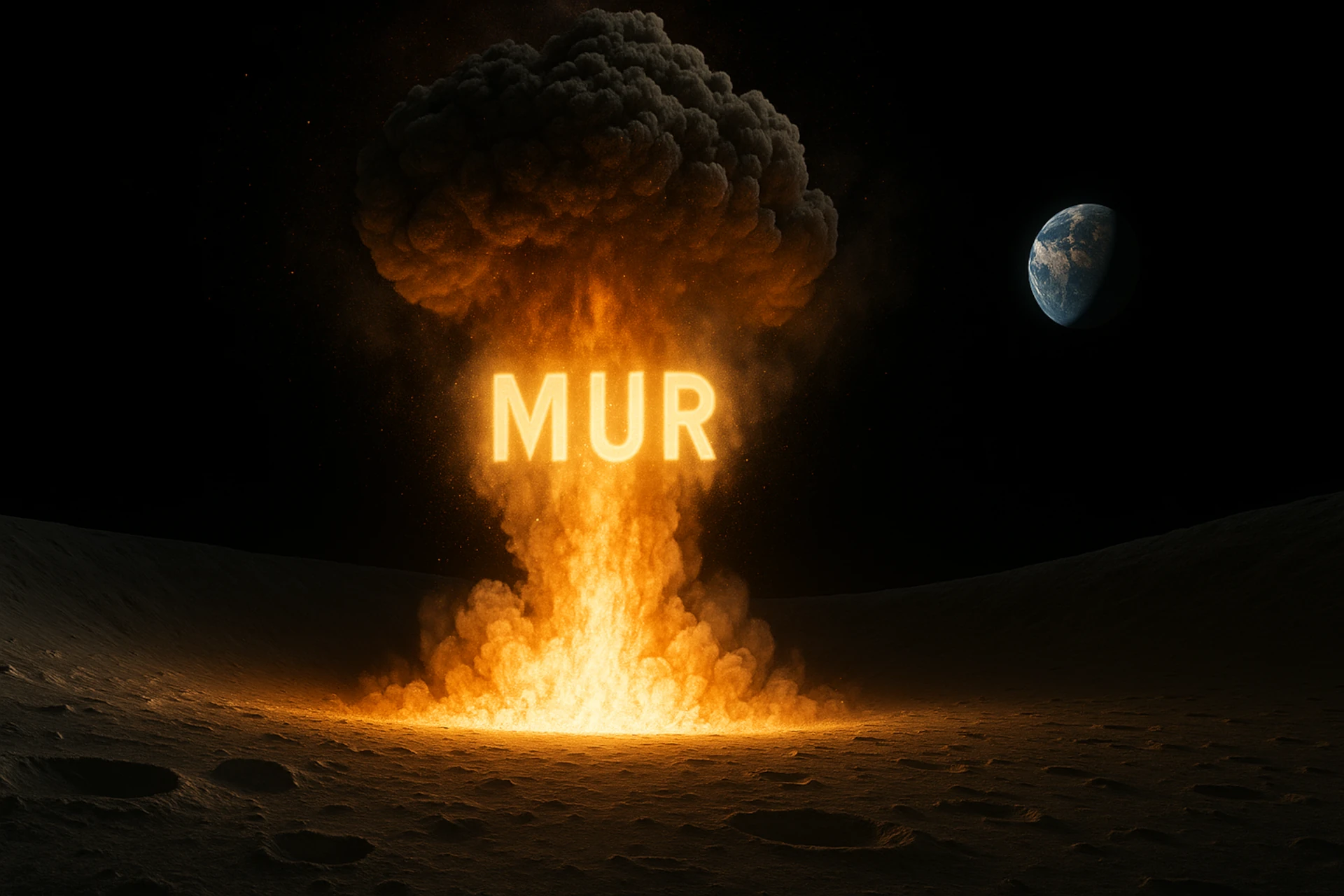 Proyecto A119: explosión nuclear en la Luna cerca del terminador con “MUR” en el penacho y la Tierra al fondo