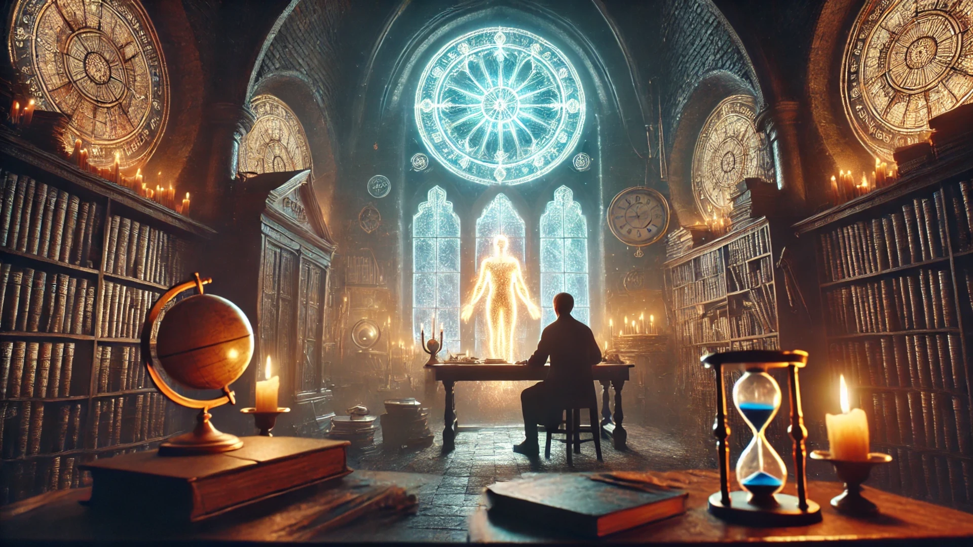 Sala antigua con libros, un hombre sentado frente a una figura luminosa, representando los misterios de la psicología paranormal.