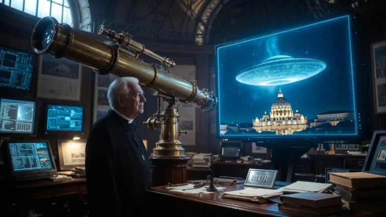 Qué dice el Vaticano sobre los OVNIs: escena en observatorio con telescopio y nave sobre la basílica