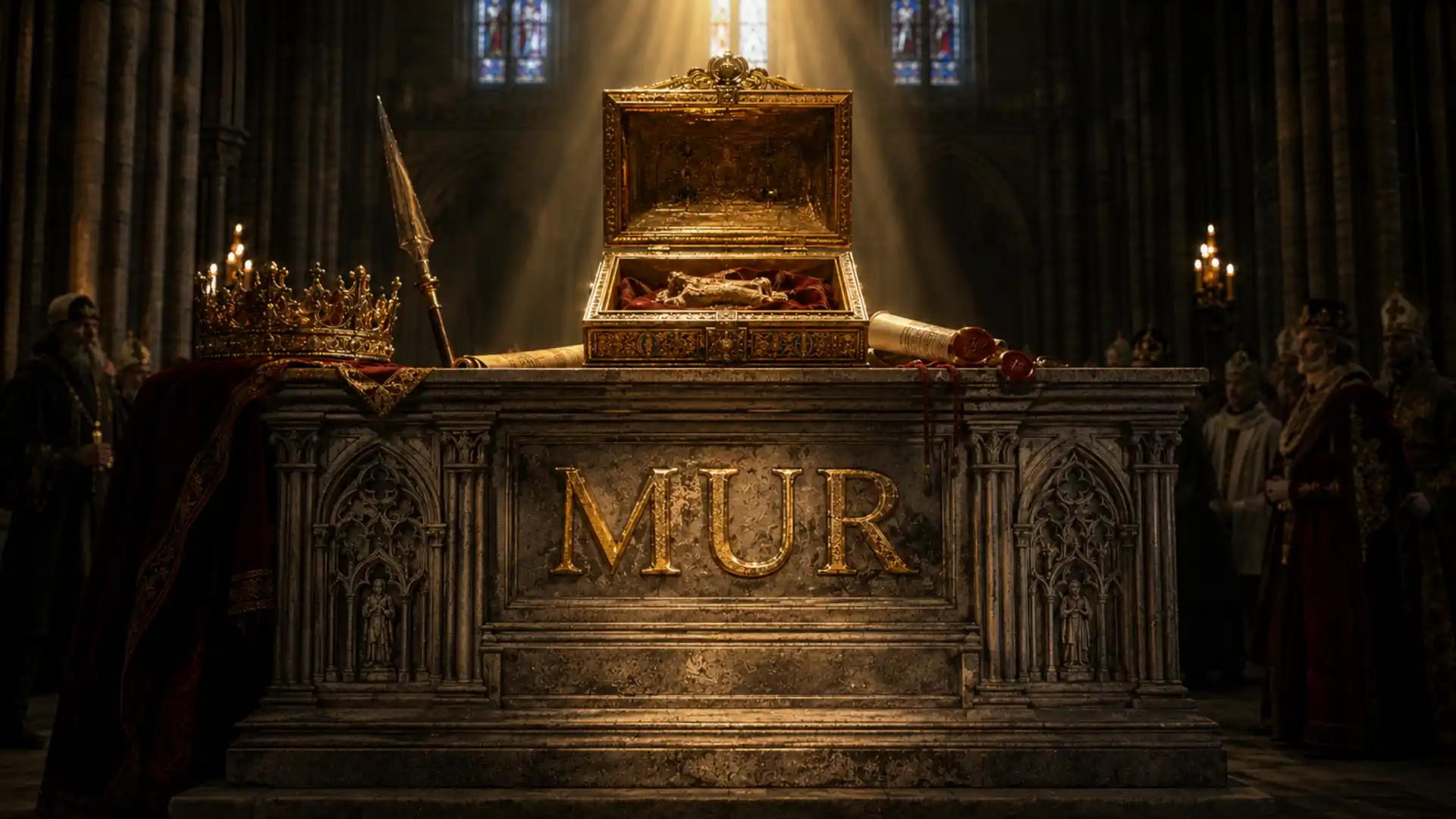Relicario medieval sobre un altar con las siglas MUR, símbolo de las reliquias sagradas en la Edad Media