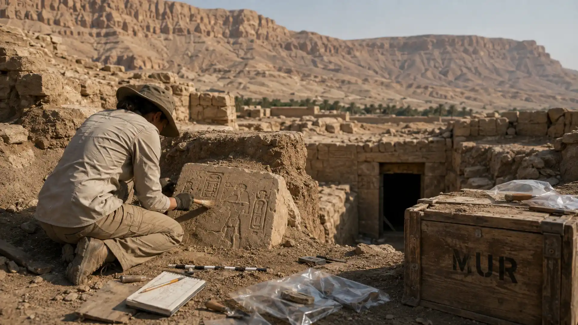 Arqueólogo documentando un relieve en Luxor, escenario de los secretos del antiguo Egipto