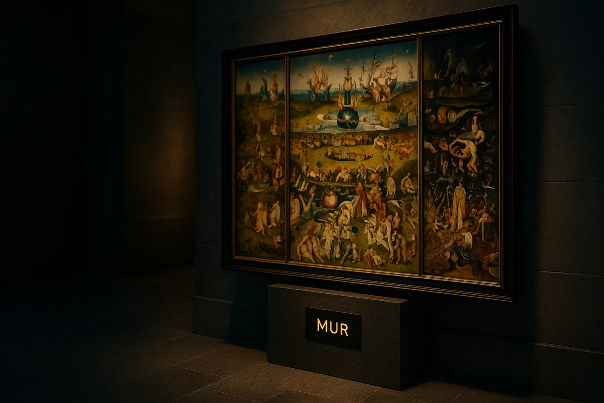 Secretos del Jardín de las Delicias en el Museo del Prado; tríptico del Bosco iluminado con placa MUR