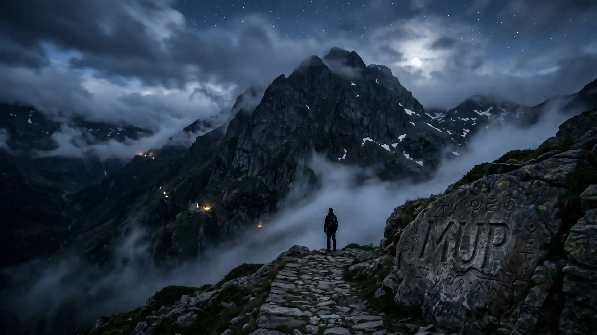 Secretos y misterios de las montañas: paisaje nocturno con cumbre, niebla y roca grabada con MUR