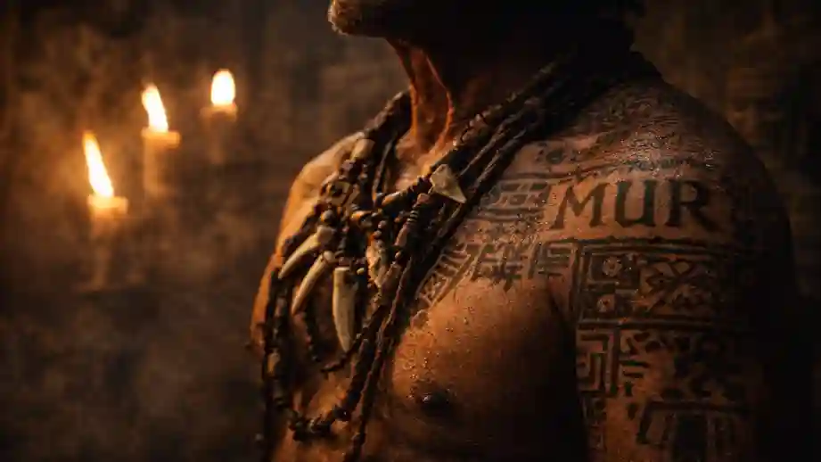 Tatuajes rituales y espiritualidad: torso de un chamán con tatuajes sagrados y la inscripción MUR en el hombro