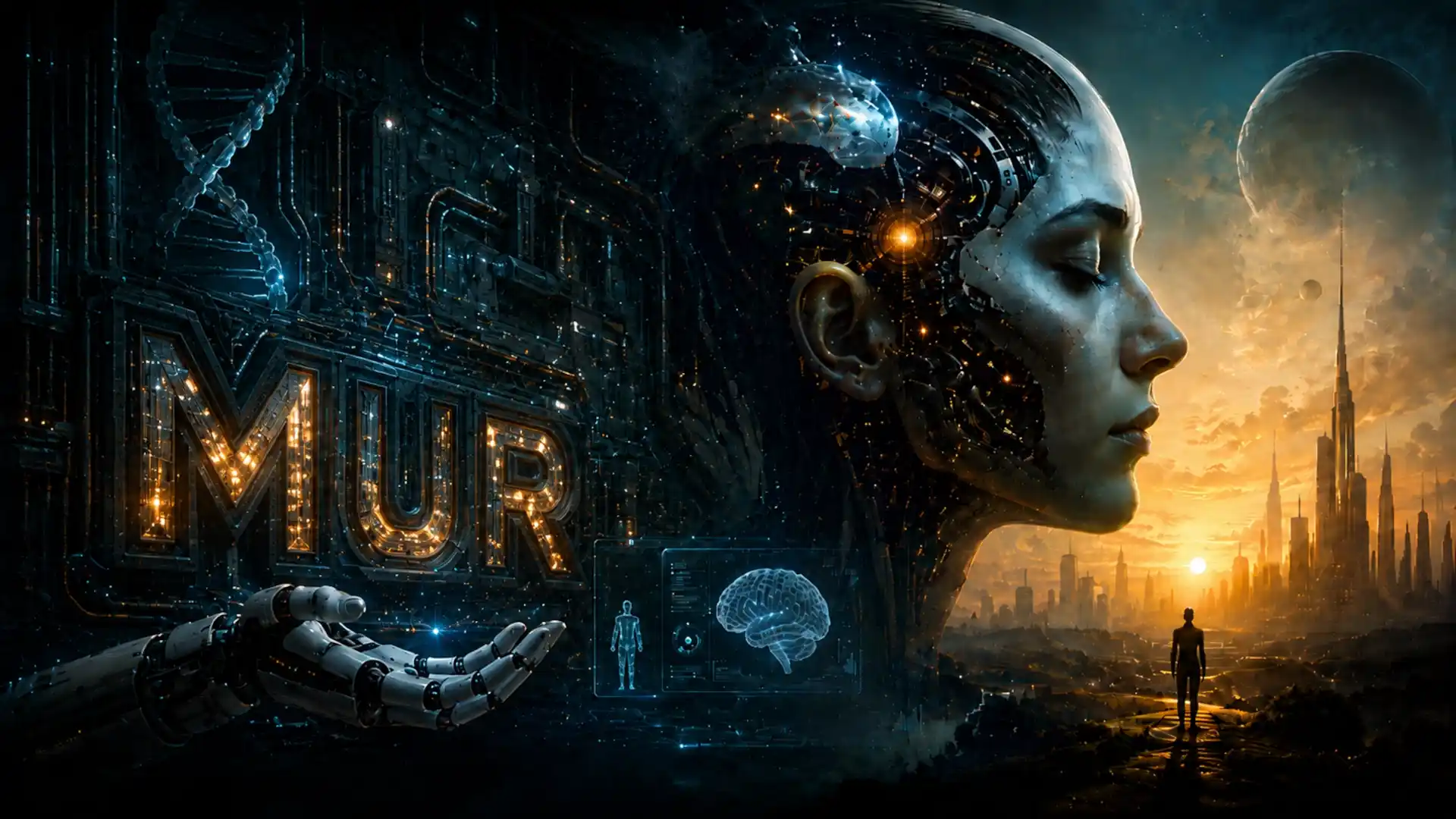 Transhumanismo e inteligencia artificial en una escena futurista sobre el futuro humano