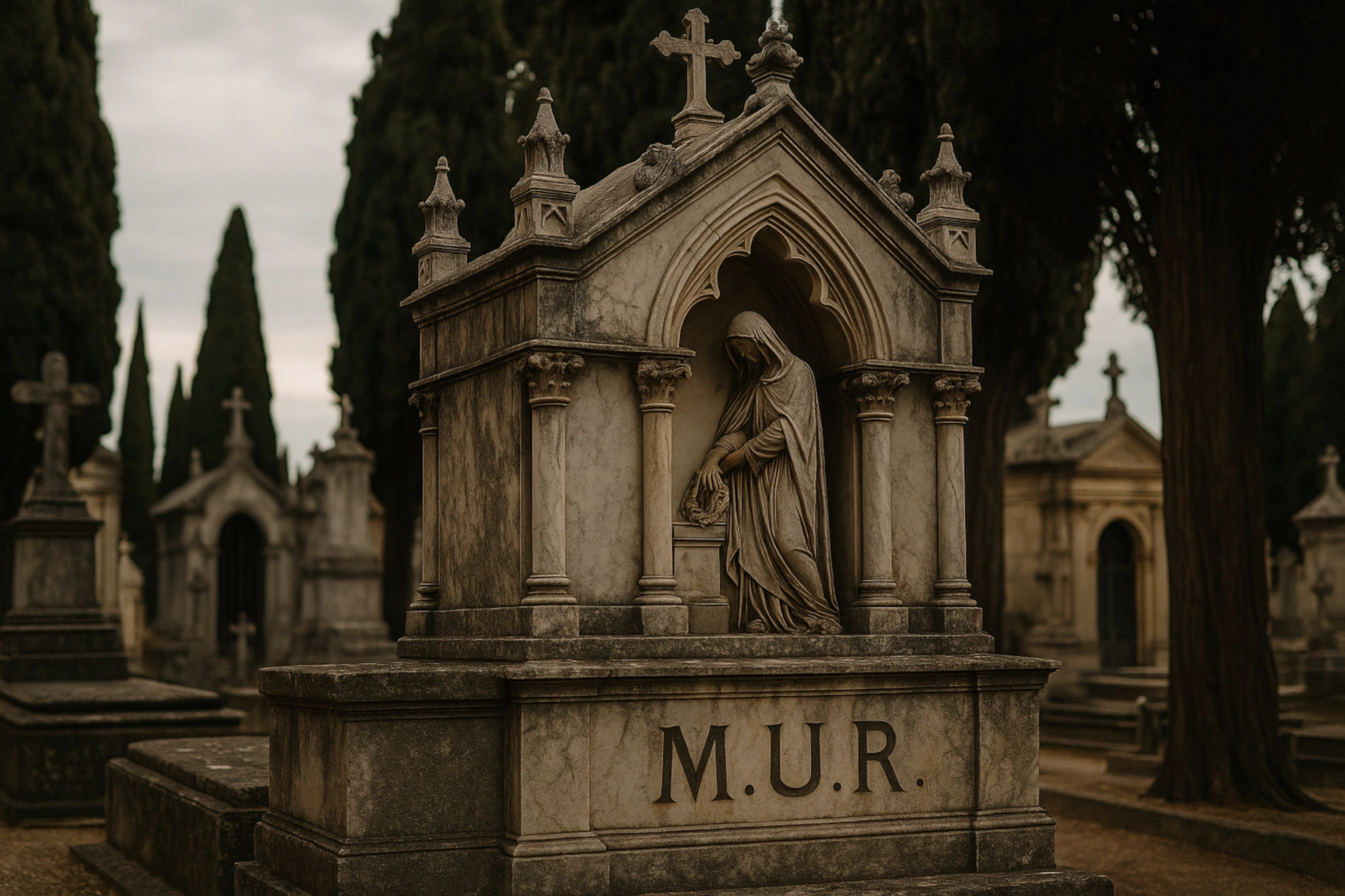 Mausoleo de mármol en un cementerio español con la inscripción “M.U.R.”, turismo de cementerios en España