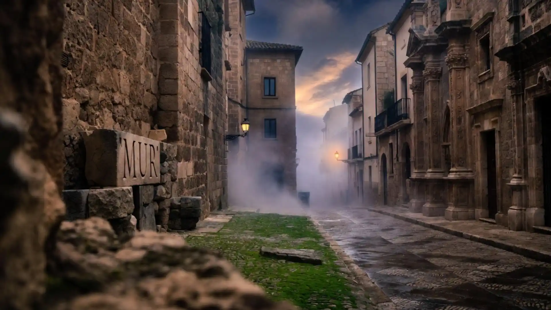 Calle antigua envuelta en niebla en la Valencia misteriosa y legendaria