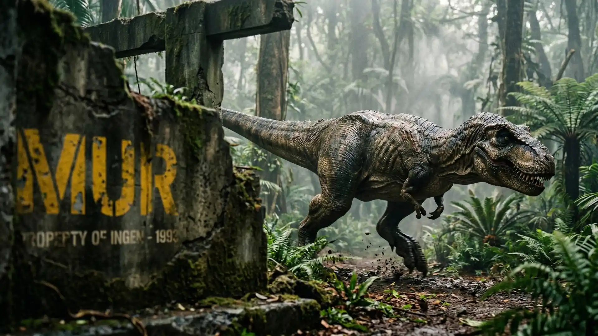 Velocidad del tiranosaurio rex en una recreación de un T. rex corriendo por la selva