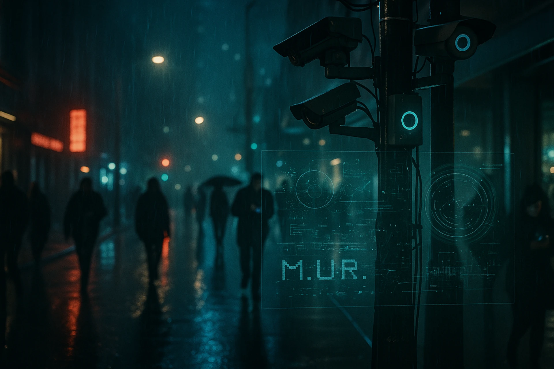 Cámaras de vigilancia y sensores biométricos en una ciudad bajo la lluvia, representando la vigilancia masiva con IA