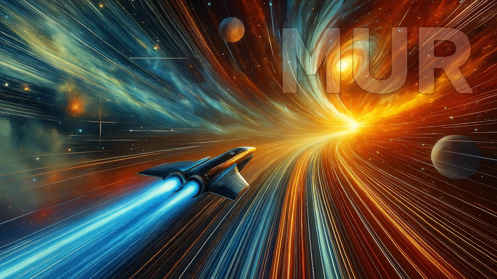 Nave espacial viajando con tecnología warp drive, deformando el espacio-tiempo.